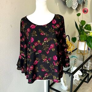 SIENNA SKY Black Floral Bell Sleeve with Two Tier ruffle. Size S